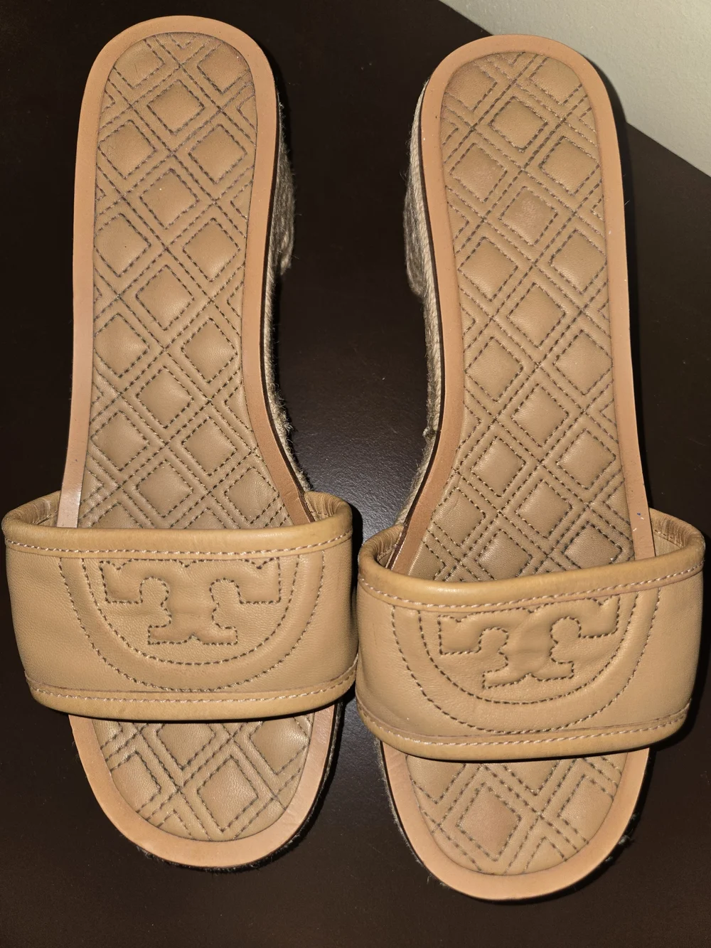 Tory Burch Tan Leather Espadrille Slide Sandals